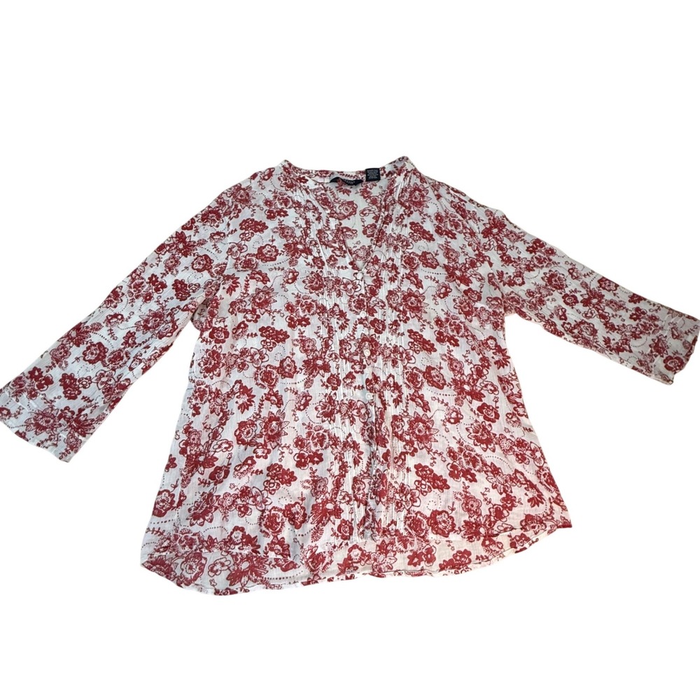Austin Clothing Co Womens XL Red Floral Cotton Crinkle Blouse 3/4 Sleeve Top